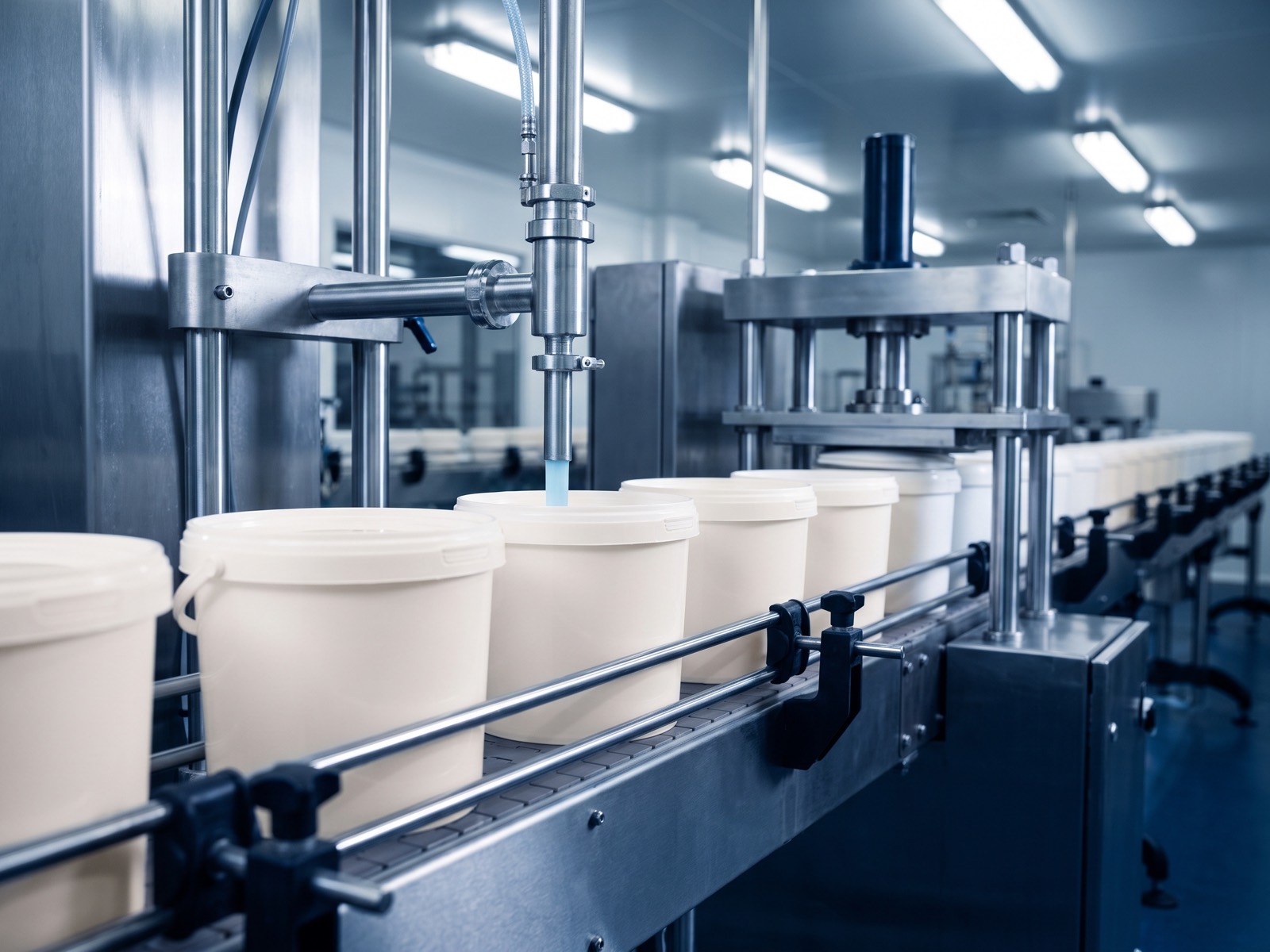 Automated filling line moving buckets along a conveyor
