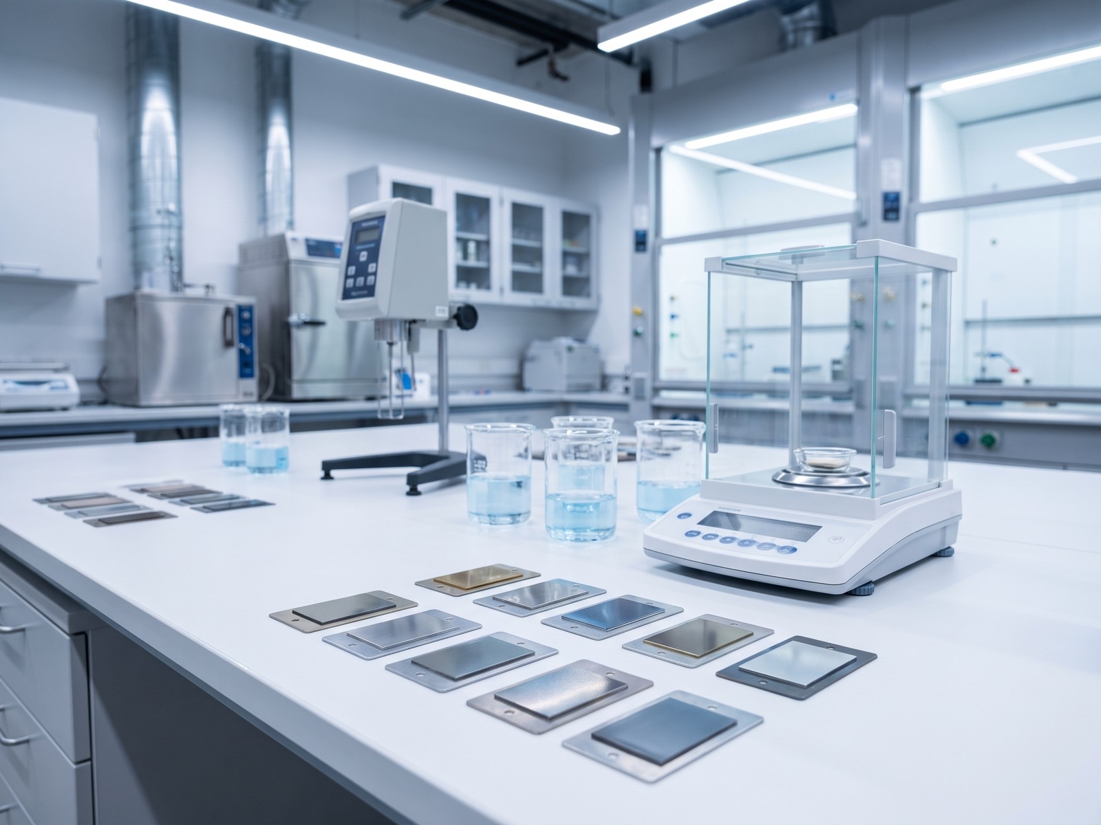 R&D laboratory bench with coating samples and test panels