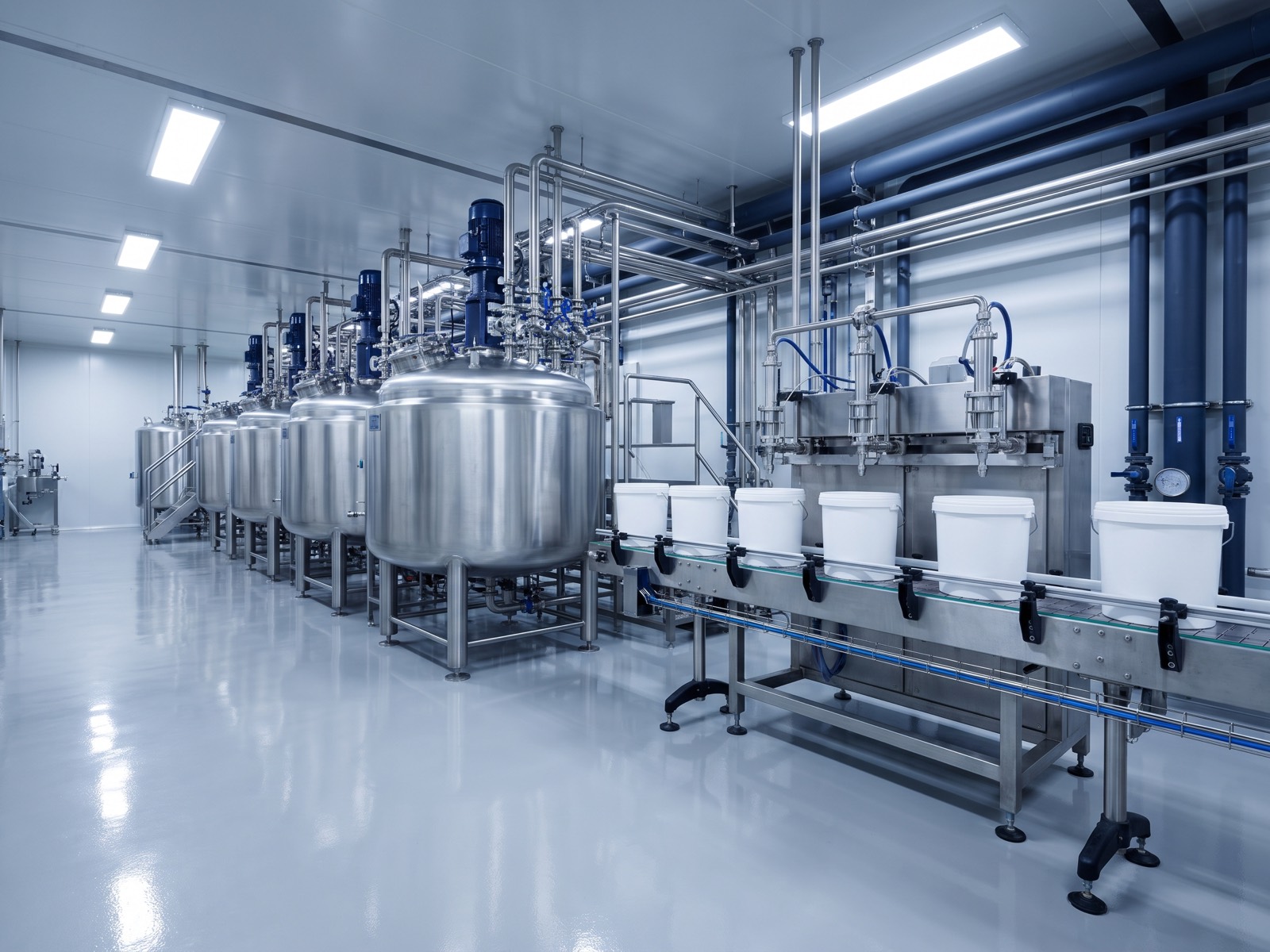 Stainless steel mixing tanks and filling line in the production hall