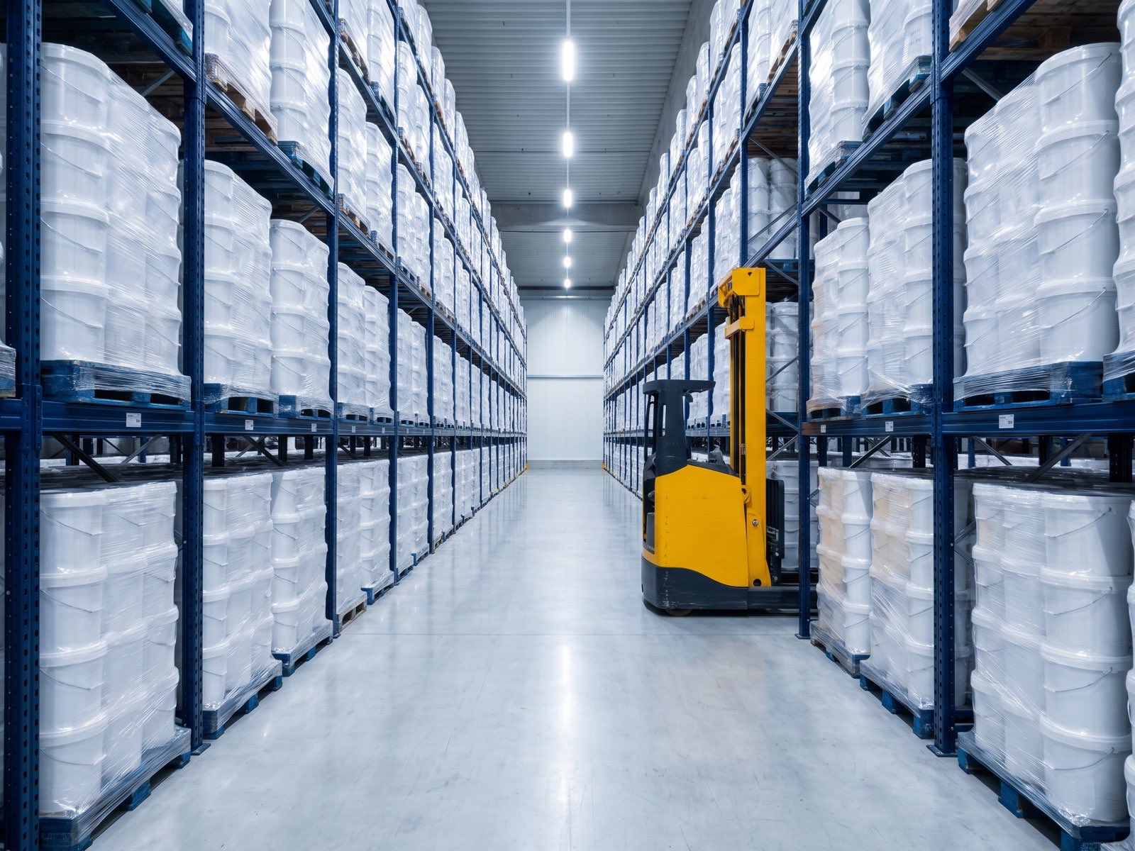 Warehouse racking holding palletised stock ready for dispatch