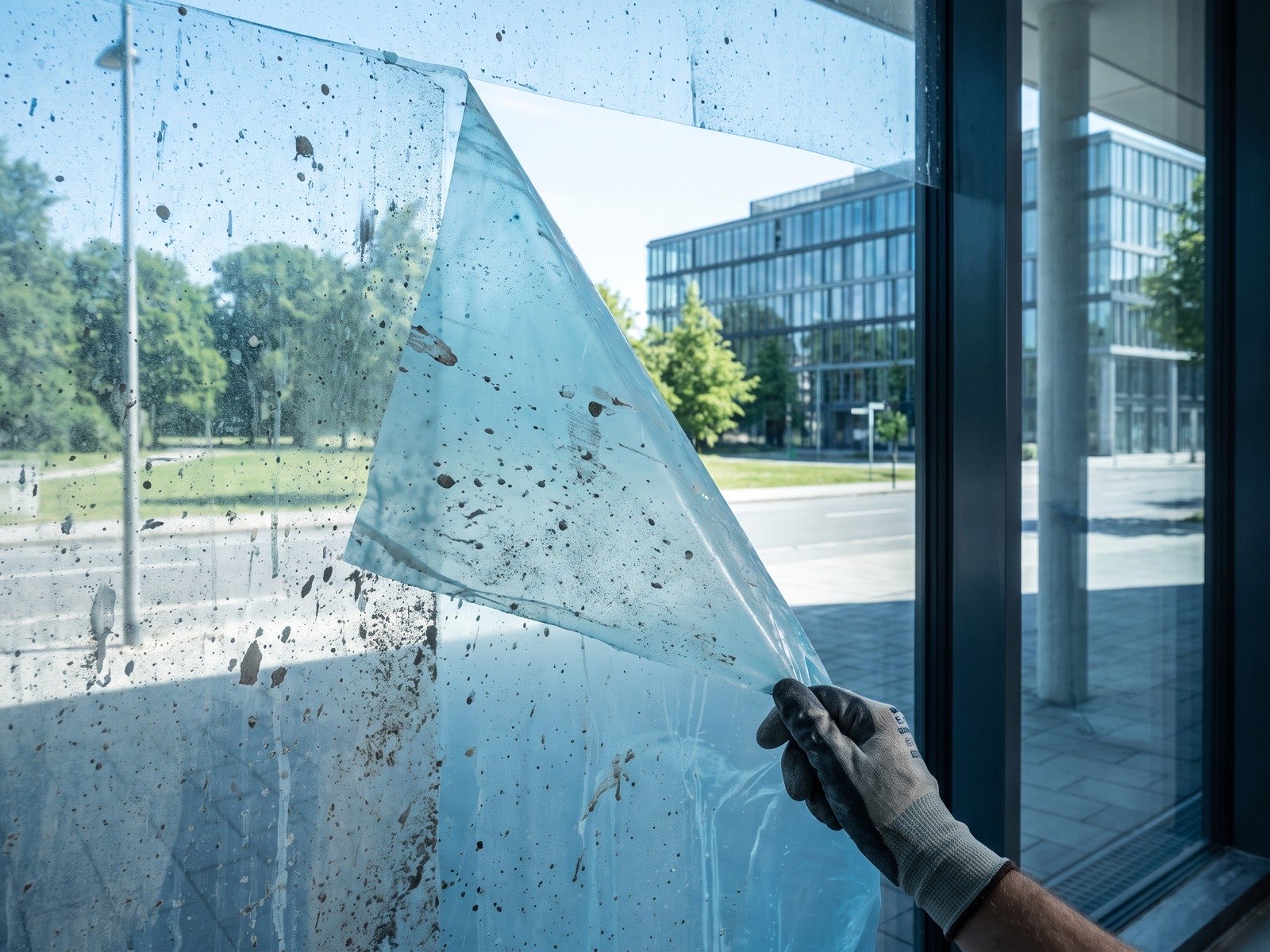 Peeling the dirty protective film from glass