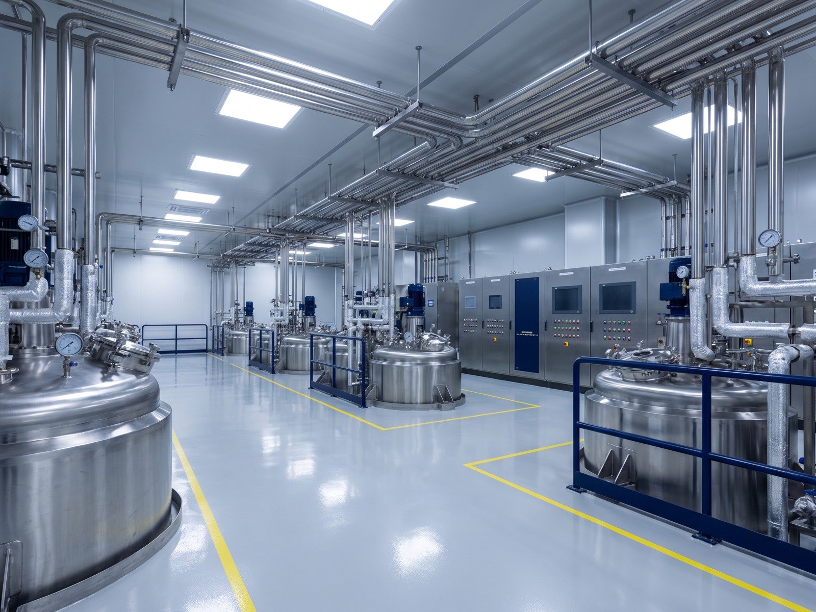 Production hall lined with stainless steel mixing tanks