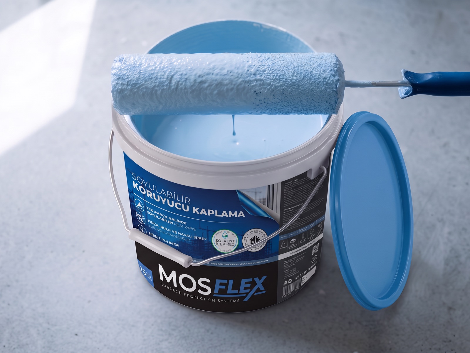 Roller resting across an open MOSFLEX bucket of blue peelable coating