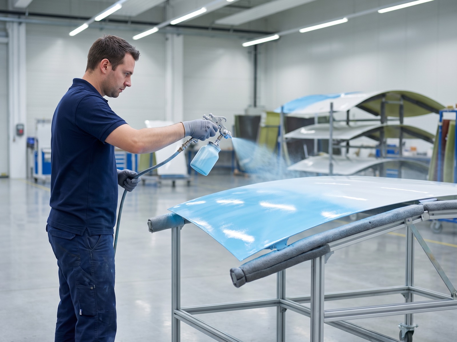 Spraying MOSFLEX onto a curved composite panel in a workshop