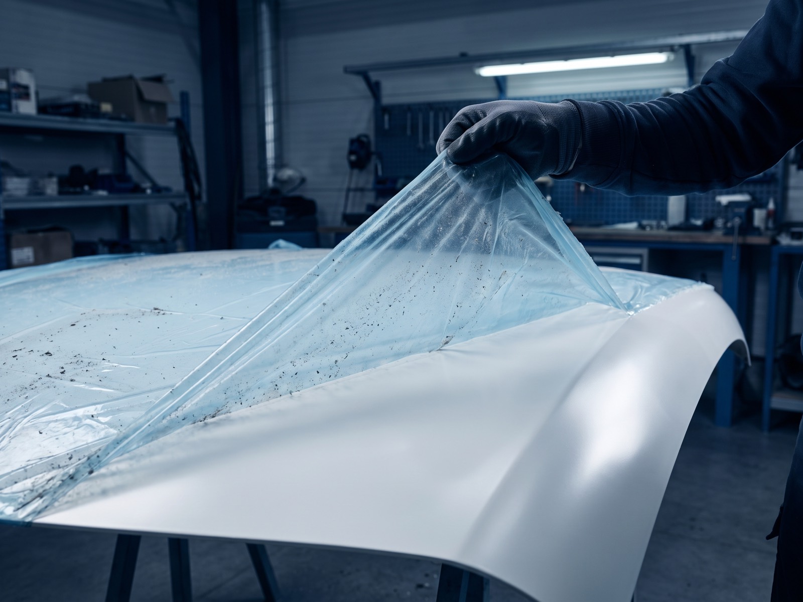 Peeling MOSFLEX film from a composite panel to reveal a flawless finish
