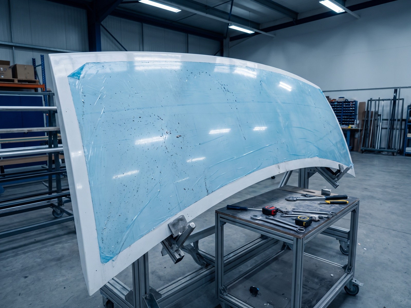 Composite panel covered with MOSFLEX film during assembly