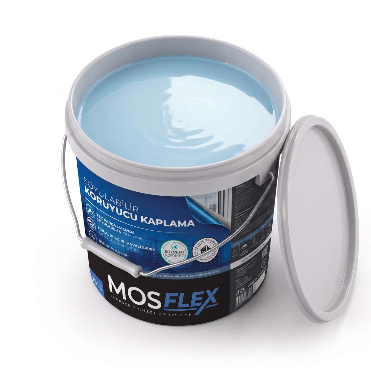 MOSFLEX 15 kg bucket of peelable protective coating on a white background