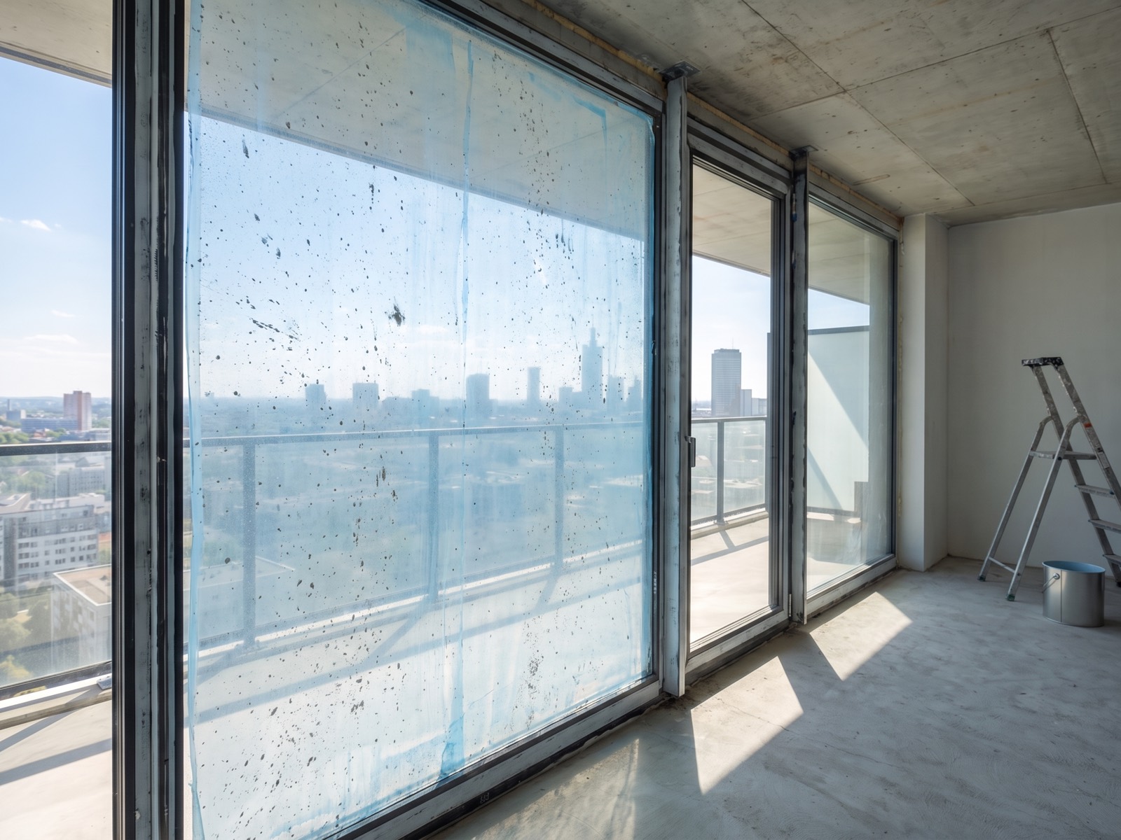 Cured MOSFLEX film shielding a window from construction dirt