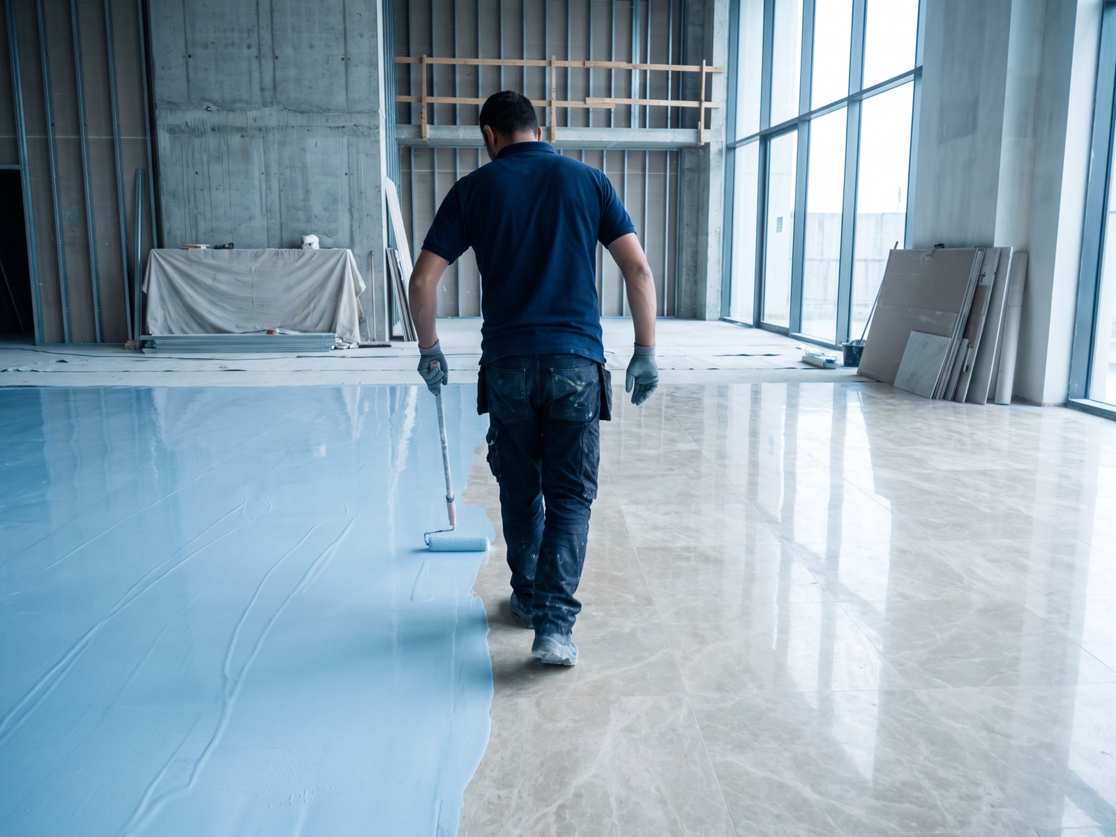 Rolling MOSFLEX onto a polished marble lobby floor