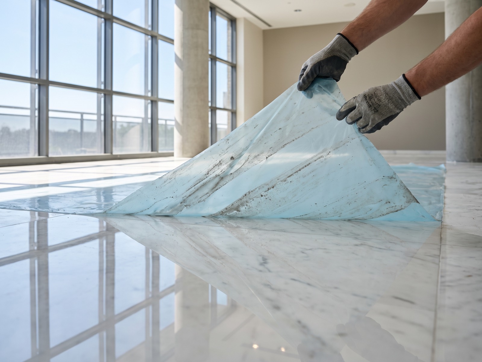 Peeling MOSFLEX film off marble to reveal a spotless polished floor