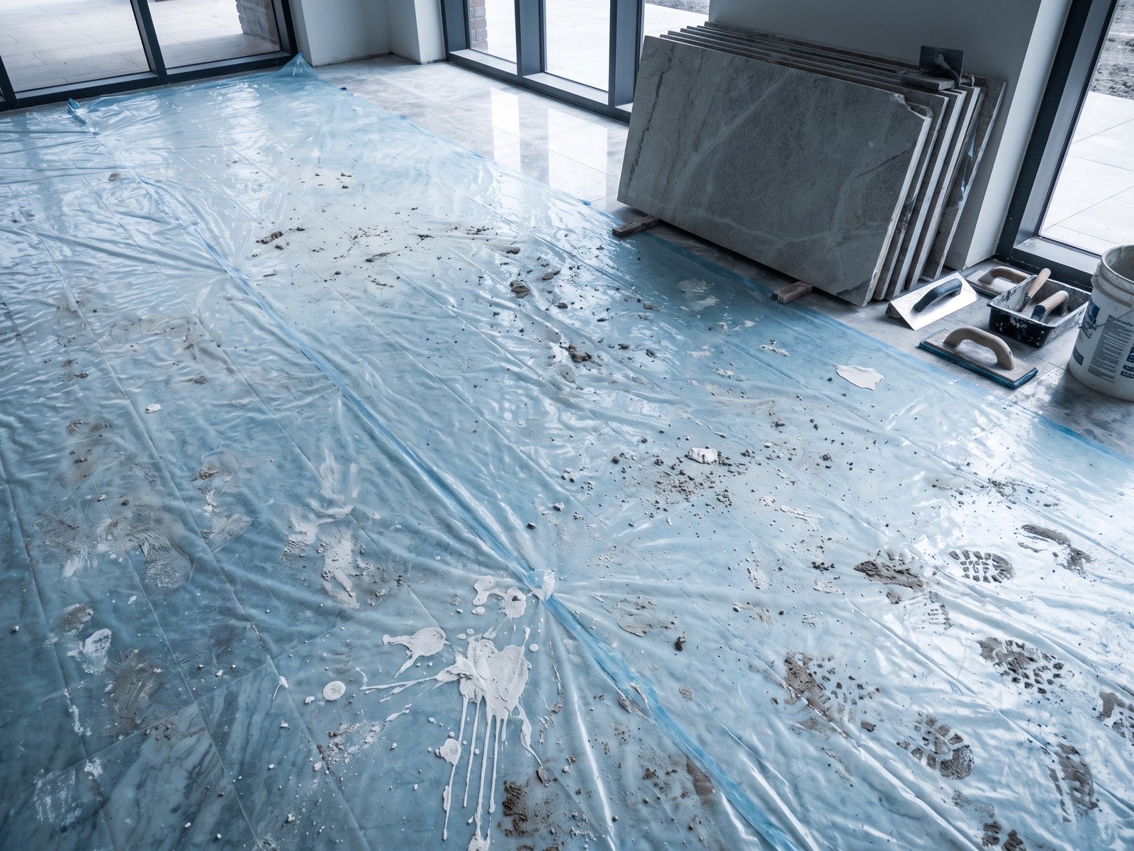 MOSFLEX film on a marble floor covered in grout and mortar residue